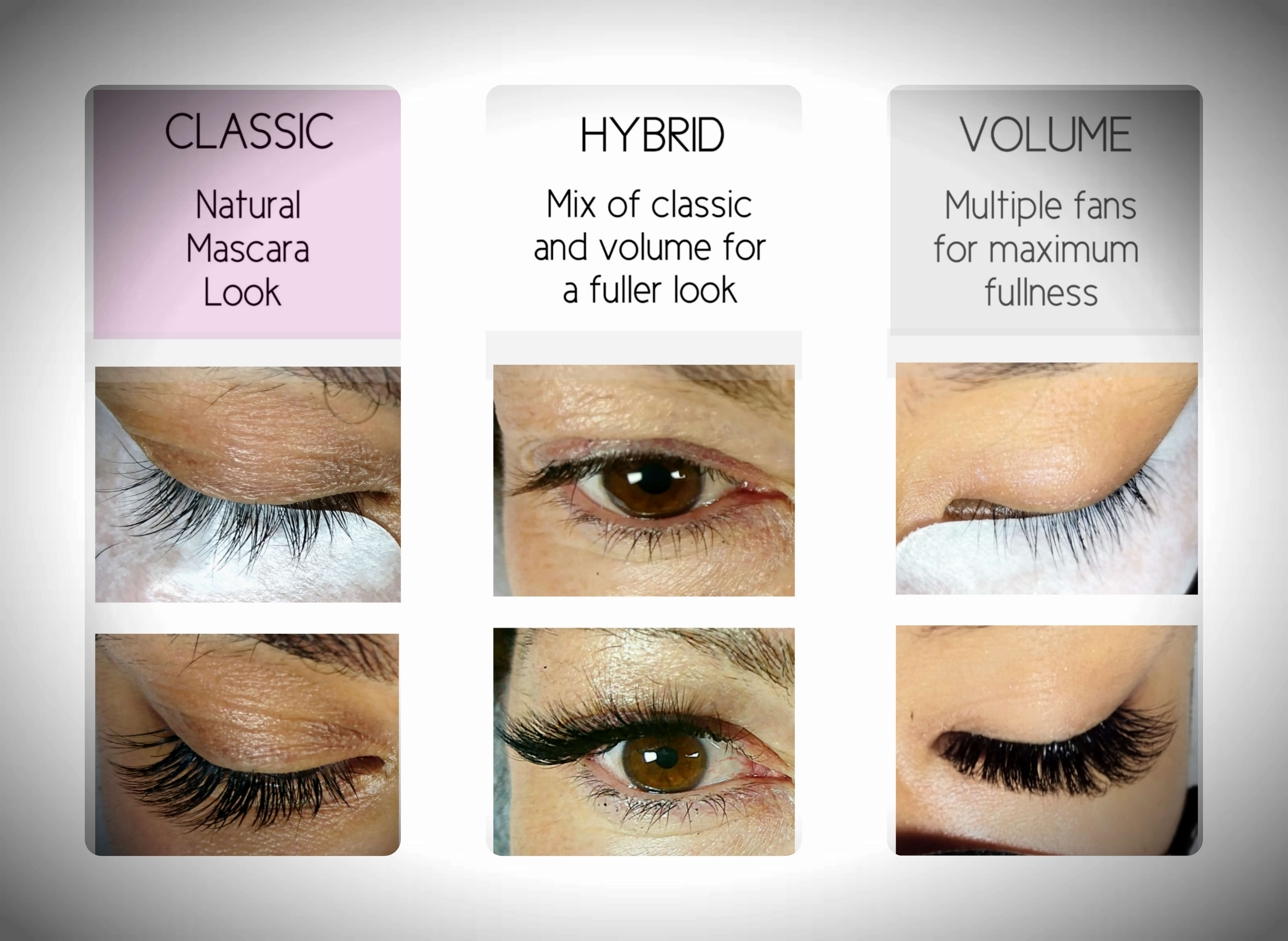 Classic volume and hybrid lashes before and after